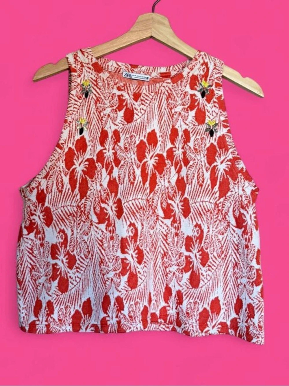 Zara Floral Embellished Tank Top in orange & White Size Medium